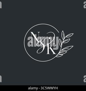 Wedding monogram initial NK design in an elegant and minimal style with circular lines and leafy branches vector graphic Stock Vector