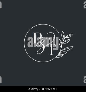 Wedding monogram initial PT design in an elegant and minimal style with circular lines and leafy branches vector graphic Stock Vector