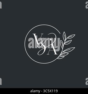 Wedding monogram initial VA design in an elegant and minimal style with circular lines and leafy branches vector graphic Stock Vector