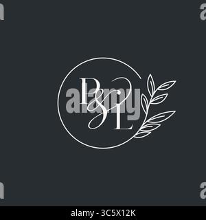 Wedding monogram initial PL design in an elegant and minimal style with circular lines and leafy branches vector graphic Stock Vector