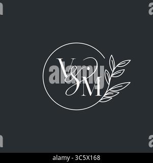 Wedding monogram initial VM design in an elegant and minimal style with circular lines and leafy branches vector graphic Stock Vector