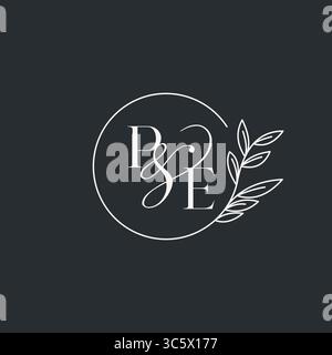 Wedding monogram initial PE design in an elegant and minimal style with circular lines and leafy branches vector graphic Stock Vector