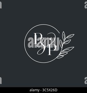 Wedding monogram initial PP design in an elegant and minimal style with circular lines and leafy branches vector graphic Stock Vector