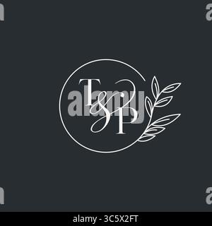 Wedding monogram initial TP design in an elegant and minimal style with circular lines and leafy branches vector graphic Stock Vector