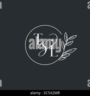Wedding monogram initial TL design in an elegant and minimal style with circular lines and leafy branches vector graphic Stock Vector