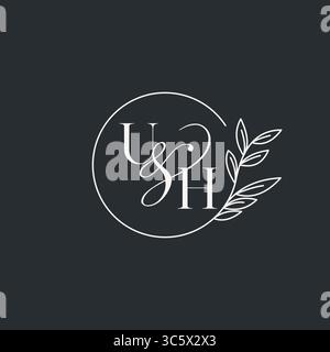 Wedding monogram initial UH design in an elegant and minimal style with circular lines and leafy branches vector graphic Stock Vector