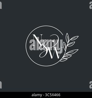 Wedding monogram initial NW design in an elegant and minimal style with circular lines and leafy branches vector graphic Stock Vector