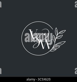 Wedding monogram initial VW design in an elegant and minimal style with circular lines and leafy branches vector graphic Stock Vector