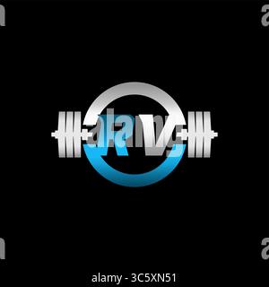 Fitness Gym Logo Initial Letter RV with Dumbbell and Circle vector graphic Stock Vector