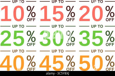 Set of vector discount badges with up to 10–50 percent off labels in multiple colors, designed for e-commerce sales, promotions, and marketing banners Stock Vector