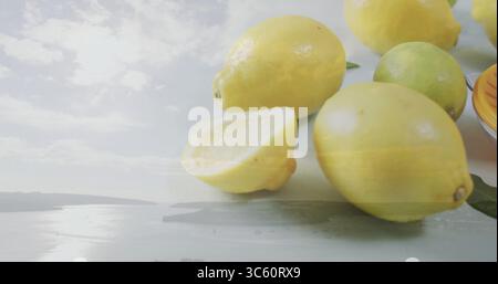 Displaying close-up lemons and lime on studio tabletop, with green citrus leaves, copy space Stock Photo