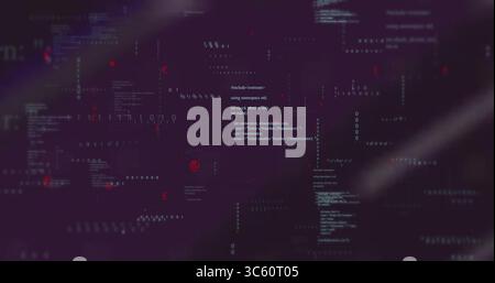 Displaying C++ code snippet floating through digital space, with binary digits and red euro symbols Stock Photo