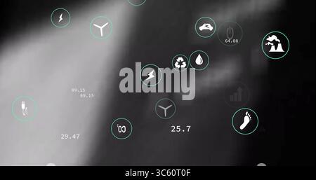 Floating icons in interface, showing lightning bolt, wind turbine, recycling with data labels Stock Photo