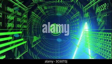 Converging neon data panels forming wireframe tunnel in cyberspace, with circular data display Stock Photo