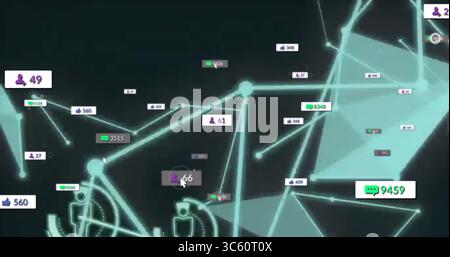 Displaying teal nodes and mesh in dark cyberspace, with social media icons and mouse cursor pointer Stock Photo