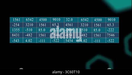 Displaying teal and navy blue grid table showing white numeric entries on screen, with teal shapes Stock Photo