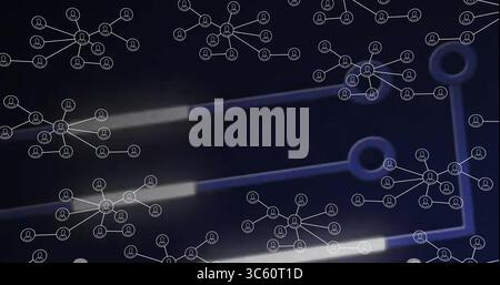 Displaying network-map connecting circular user-icon nodes in digital space with glowing hub nodes Stock Photo