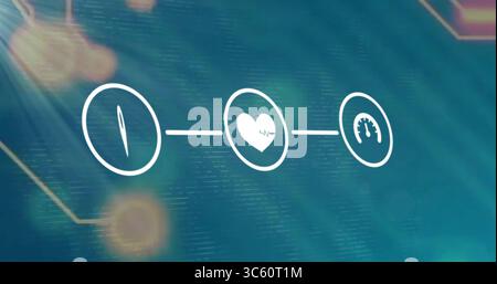 Displaying three linked white circular icons glowing on teal dashboard, showing circuit patterns Stock Photo