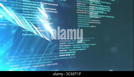 Displaying glowing JavaScript code lines on digital code editor screen, with abstract light streaks Stock Photo