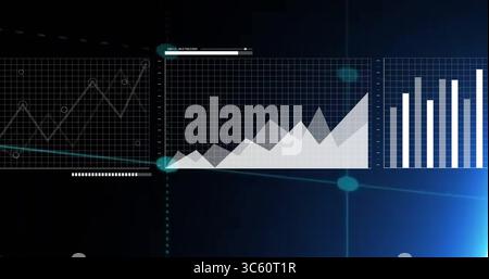 Displaying area chart panel peaks on interface, with three data panels and glowing network nodes Stock Photo