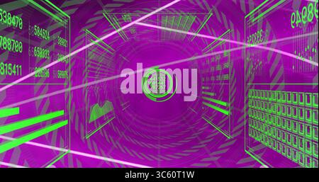 Rotating circular interface highlighting numeric readouts in purple tunnel, with green data panels Stock Photo