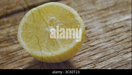 Resting halved lemon glistening on rustic wooden tabletop, revealing slender twig shadows Stock Photo