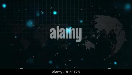 Dotted world map displaying glowing cyan nodes in dashboard, partial globe and drifting particles Stock Photo