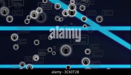 Displaying network of avatar silhouettes and chat bubbles on digital interface, with neon lines Stock Photo