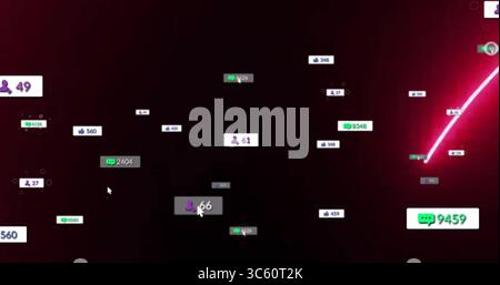 Displaying floating metrics in red-black UI, with purple person, blue thumbs-up, green chat bubbles Stock Photo