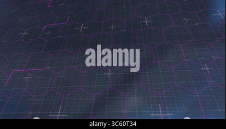 Displaying hexagonal grid receding on virtual 3D plane, with purple neon lines and white crosshairs Stock Photo