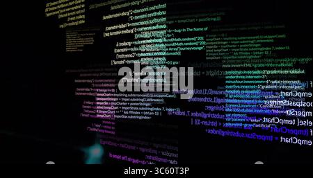 Displaying code snippets and terminal text glowing in virtual console with JavaScript syntax Stock Photo