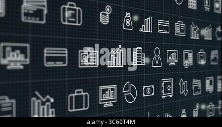 Displaying grid of white line finance icons on dashboard, with bar chart and pie chart icons Stock Photo