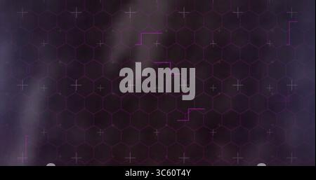 Displaying digital hex grid with plus-shaped markers and corner brackets over smoky purple textures Stock Photo