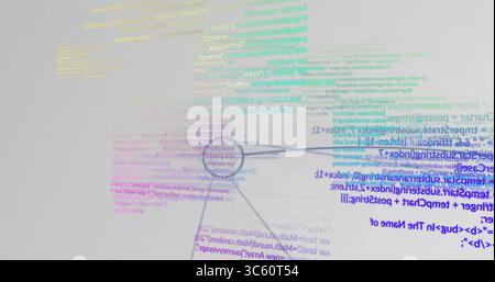 Displaying node radially linking code blocks on gray canvas, with yellow green purple blue blocks Stock Photo