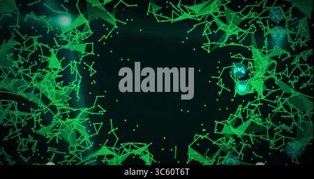 Glowing green network forming ring in dark void, with triangular line segments, nodes and particles Stock Photo