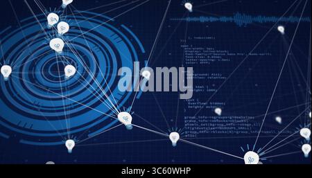 Displaying lightbulb node icons around concentric interface on dark blue grid, with code snippet Stock Photo