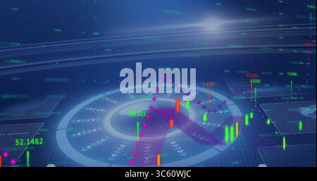 Displaying holographic platform in dark hub, with candlestick bars, numeric data and dot clusters Stock Photo