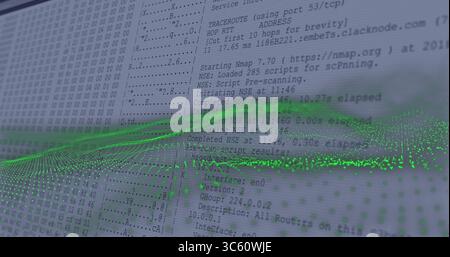 Displaying monitor showing hex dump, Nmap and traceroute output in office, with green data wave Stock Photo