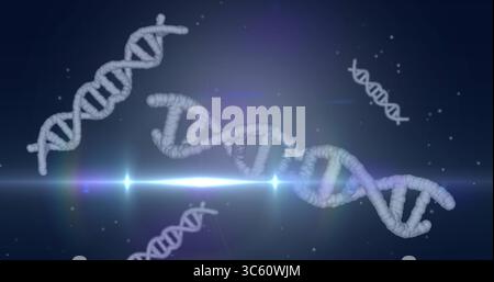 Floating large DNA double helix crossing blue-purple backdrop, with lens–flare streak and particles Stock Photo