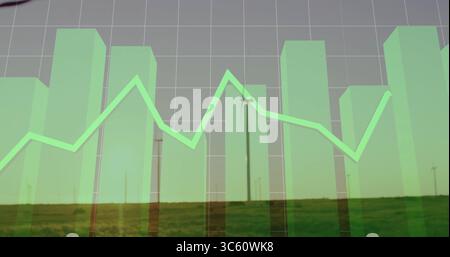 Displaying translucent green bar chart overlaying line on grassy plain with grid and wind turbines Stock Photo