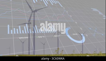 Displaying large wind turbine standing at wind farm, with grid lines, charts and numeric overlays Stock Photo