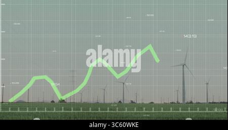 Displaying bright green line graph fluctuating over grassy field with wind turbines, grid Stock Photo