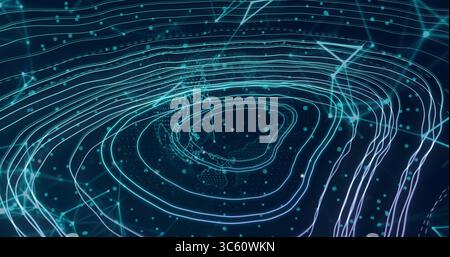 Displaying data network forming neon-blue contour rings in cyberspace, with glowing nodes Stock Photo