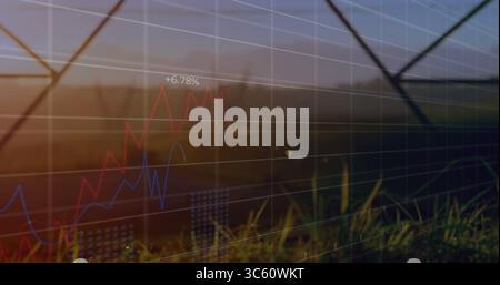 Displaying overlay showing red, blue charts over grass field at sunset, with grid and +6 Stock Photo