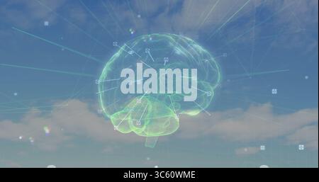 Hovering holographic brain model visualizing data in open-air sky with digital nodes and grid lines Stock Photo