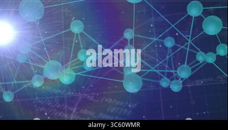 Displaying teal spheres connected by glowing lines in dark backdrop, with lens flare and code text Stock Photo