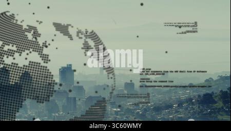 Overlaying dotted globe hovering over urban skyline from hilltop, with floating code snippets Stock Photo