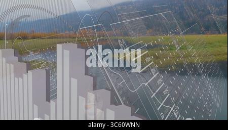 Displaying data overlaying lakeside meadow and forested hills, with 3D bar charts and line graphs Stock Photo