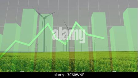 Displaying translucent green bar chart and line graph over wind farm with yellow flowering field Stock Photo