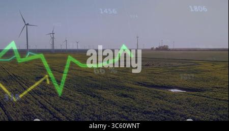Displaying white wind turbines standing in rural farmland with neon graph showing 1456 924 1806 Stock Photo